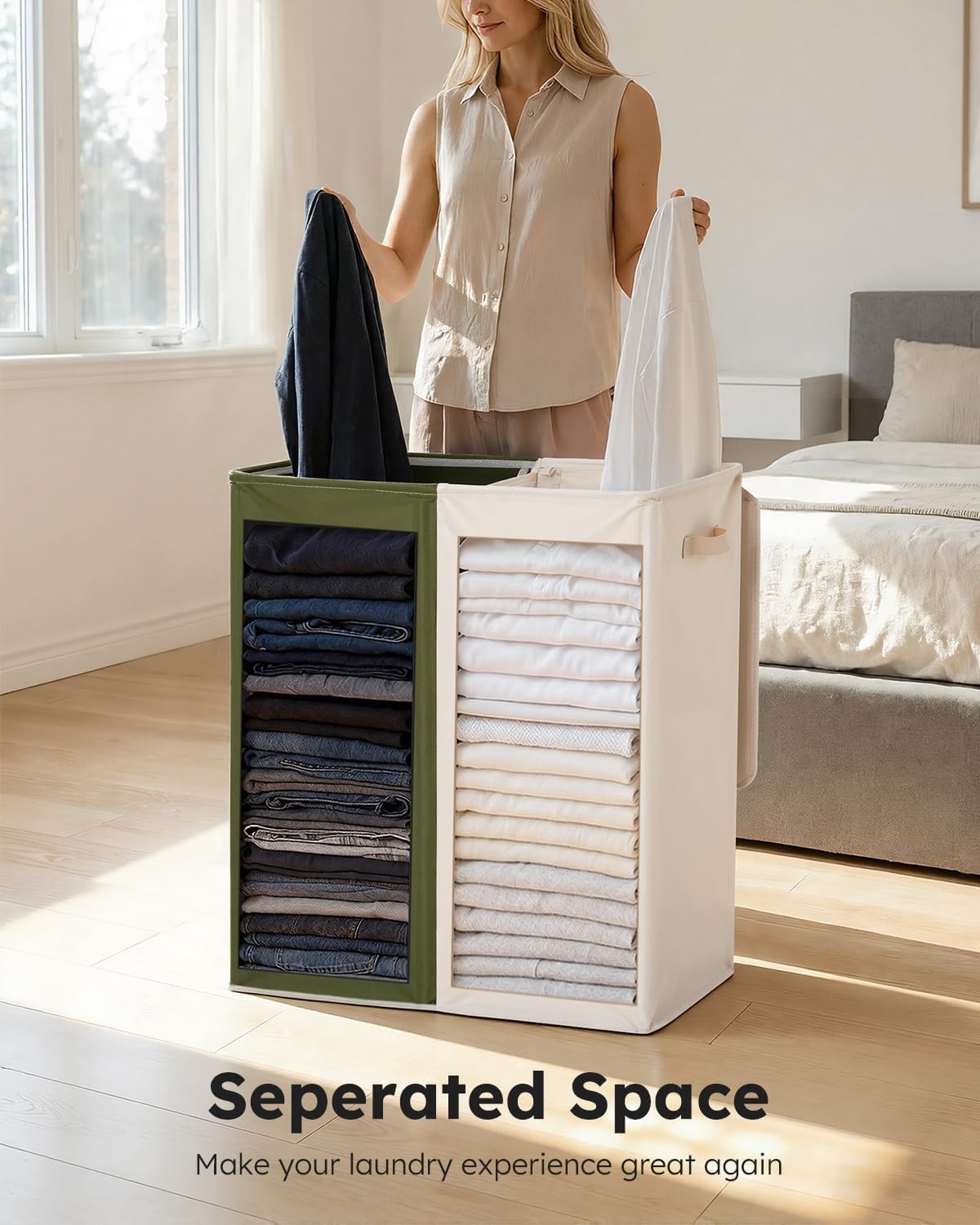 SOLEDI Luxury Double Laundry Hamper with Lid and Removable Bags, 38.3 Gal Large Laundry Bin, Laundry Basket 2 Sections, Collapsible Clothes Hamper for Bedroom, Laundry Room, Bathroom, Off-white