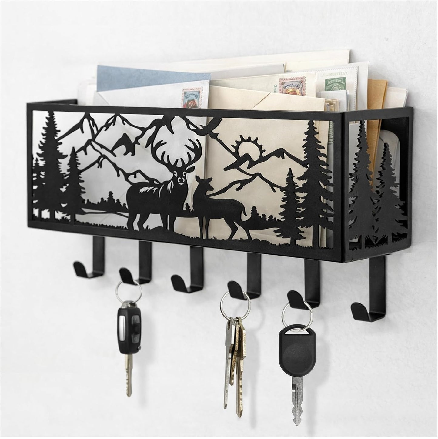 Deer Mountain Metal Key Holder Wall Mount Key Holder for Wall Rustic Cabin Decor Key Rack Hooks Hanger Woodland Wildlife Wall Art Entryway Organizer Housewarming Hunting Gifts