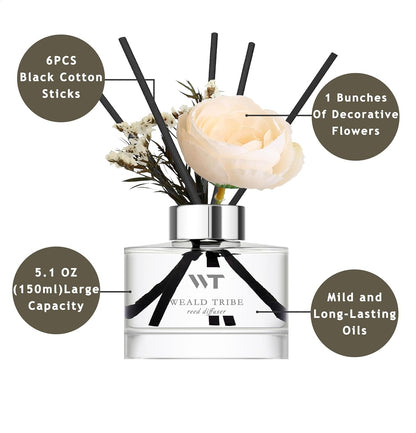 Flower Reed Diffuser Set Wild Eucalyptus Mint Scent for Bathroom Accessories Shelf Decor & Air Fresheners, Sticks Defusers with 5.1 fl oz Essential Oils & Leaves, House Bedroom Office Decor & Gifts