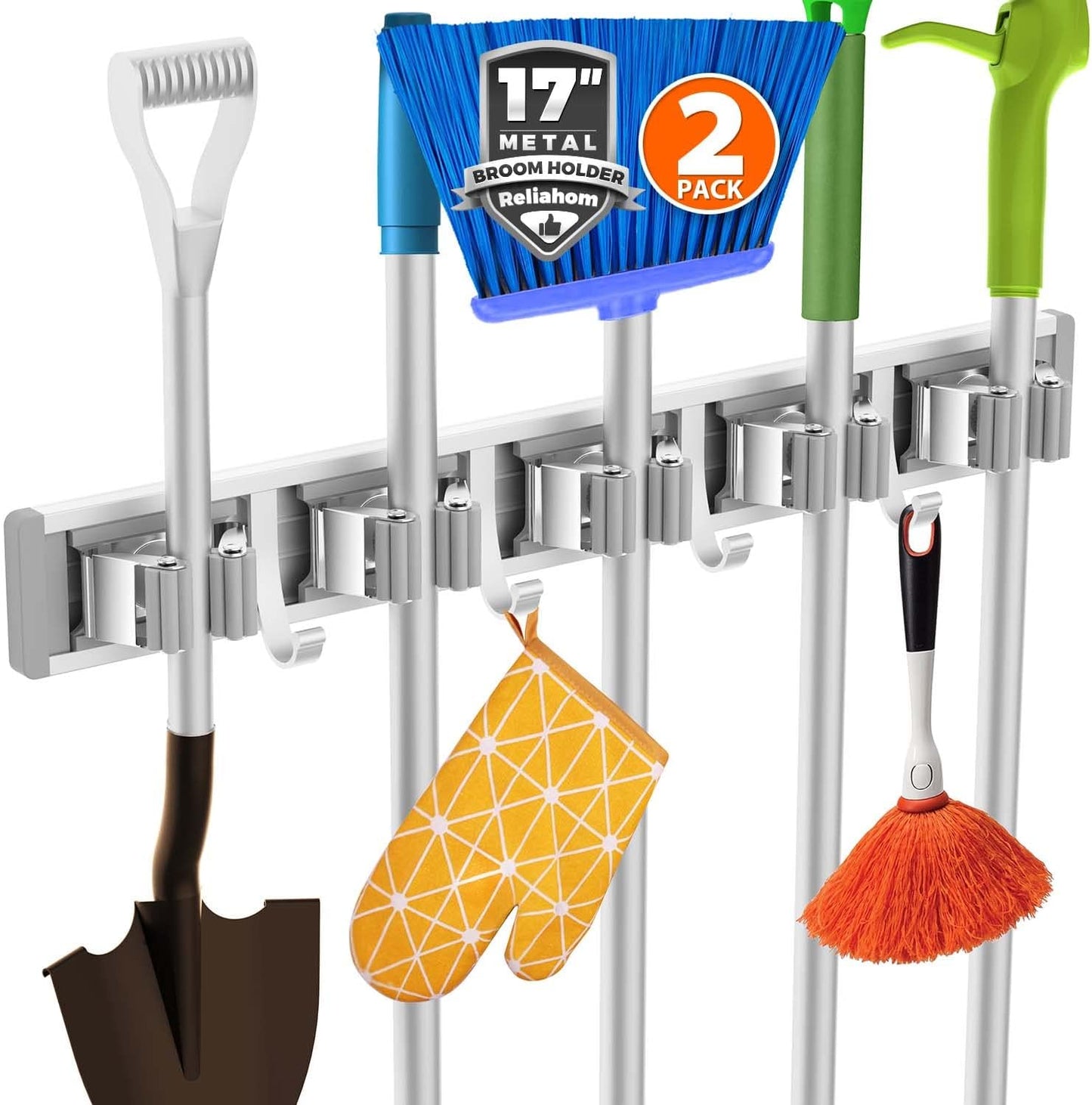 reliahom Broom Holder Wall Mount Mop Hanger Tools organizer 4Racks 5Hooks | Adjustable Mop Broom Wall Hanging Heavy duty Tools Storage Rack Space-saving for Garage,Kitchen,Laundry Room,Garden, Silver