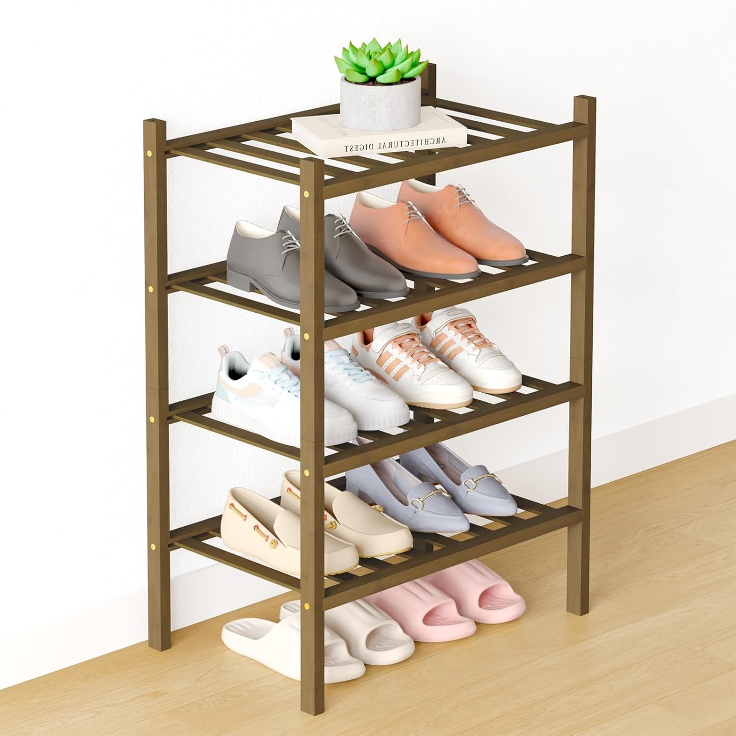 Smiry Bamboo Shoe Rack for Closet, 3 Tier Wooden Shoe Organizer, Stackable Wood Shoe Storage Shelf for Entryway, 14 Vertical Slats, One-piece Heavy-Duty Legs, 26.77"x11.02"x18.31", Natural