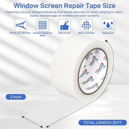 Window Screen Repair Tape 2 in x 40 FT Fiberglass Strong Adhesive Screen Patch, Waterproof Mesh Repair Kit for Window & Door Screen Holes Tears - Black