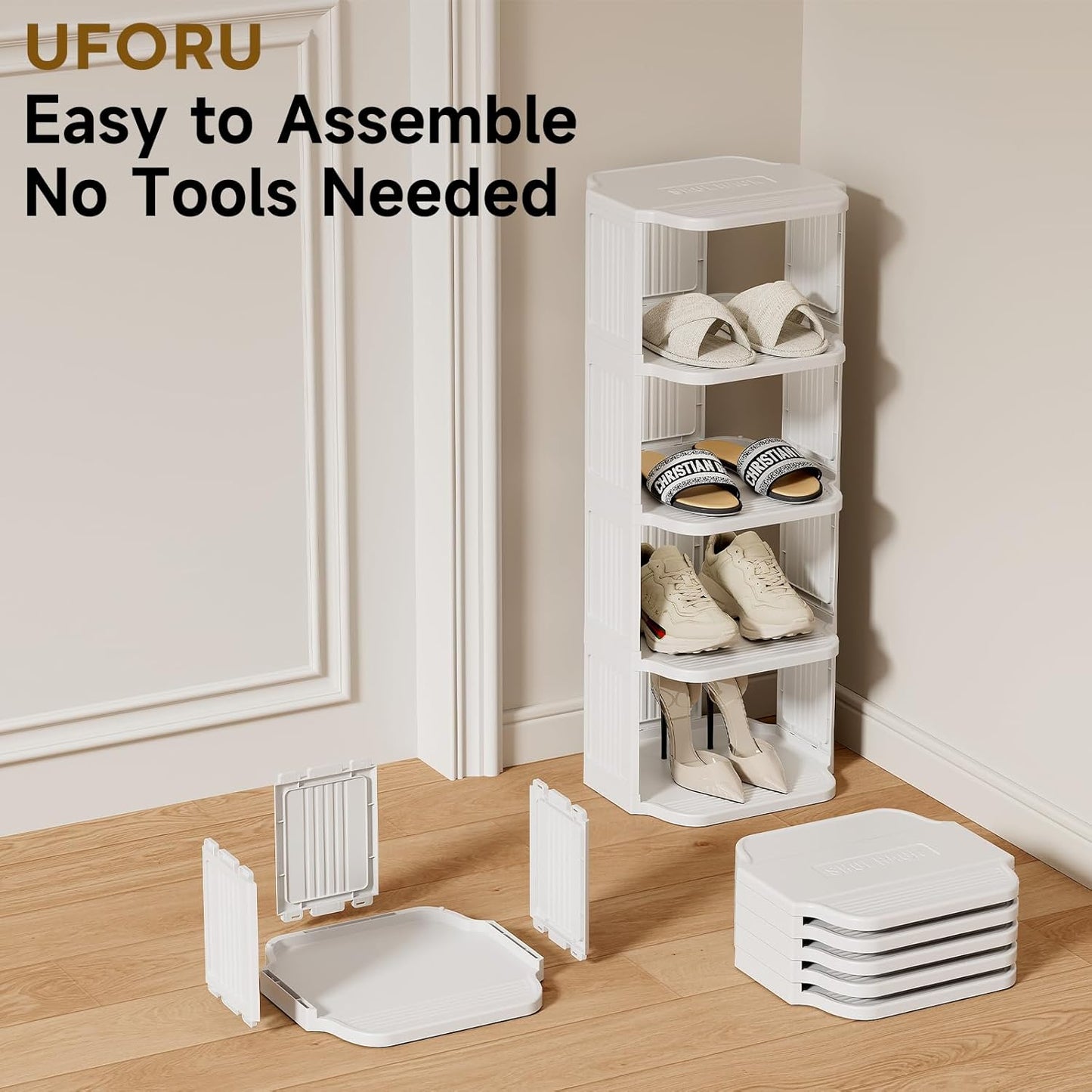 UFORU Small Shoe Rack, 5 Tier Plastic Vertical Shoe Rack for Small and Narrow Spaces, Free Standing Shoe Organizer for Closet, Entryway