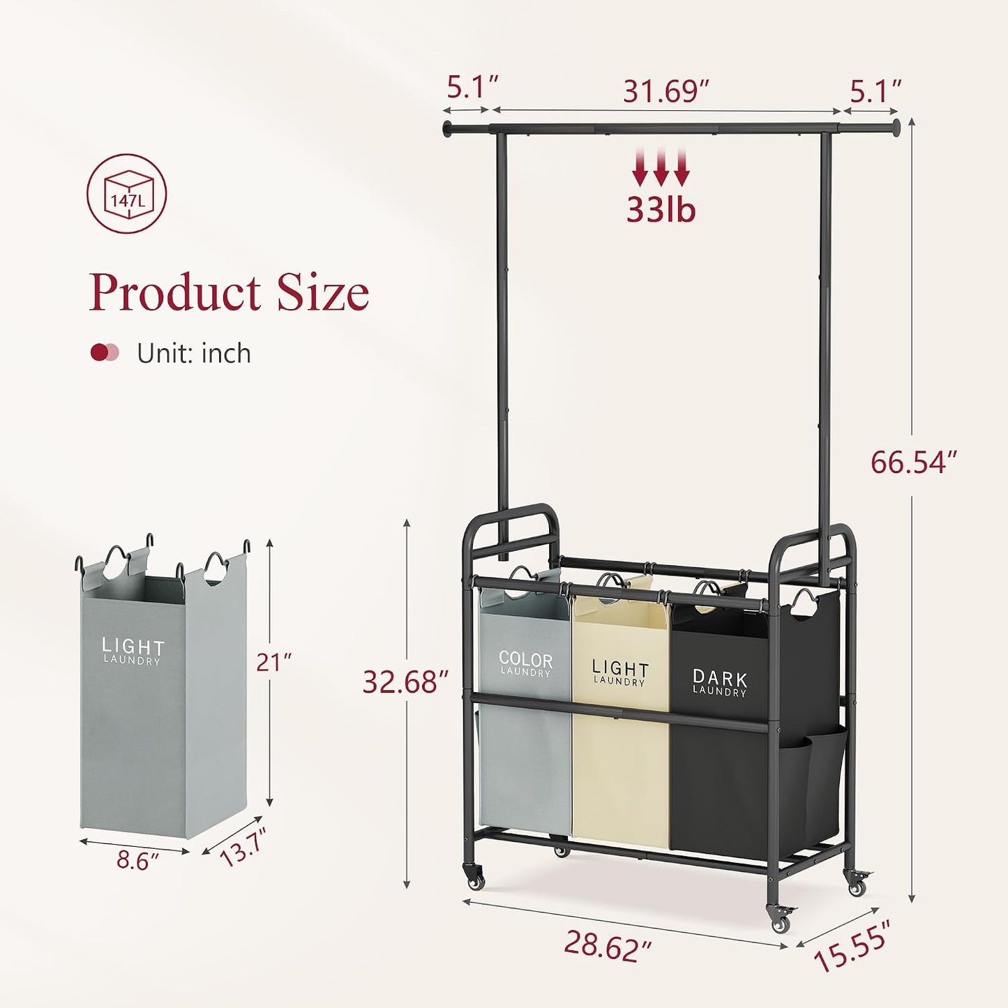 Tajsoon Laundry Hamper with Hanging Rack, 3 Section Laundry Sorter with Heavy Duty Lockable Wheels, Laundry Basket Organizer for Dirty Clothes Storage, 3 Beige