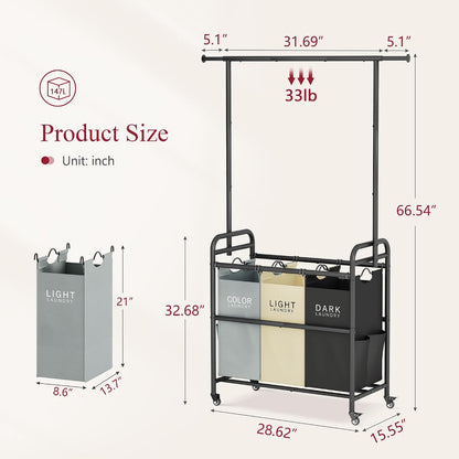 Tajsoon Laundry Hamper with Hanging Rack, 3 Section Laundry Sorter with Heavy Duty Lockable Wheels, Laundry Basket Organizer for Dirty Clothes Storage, 3 Beige