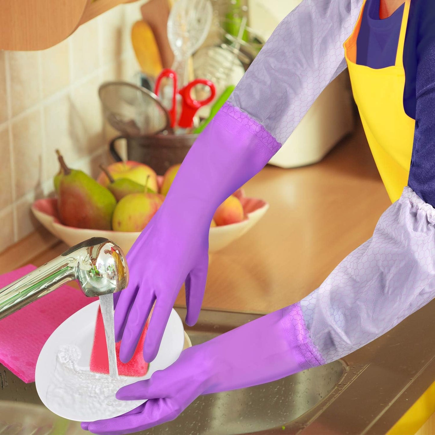 Elgood Reusable Long Sleeve Dishwashing Cleaning Gloves with Latex Free,Cotton Lining,Kitchen Gloves 2 Pairs,Purple+Blue M