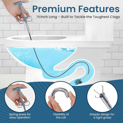Drain Snake, 79 Inch Drain Clog Remover Tool with pair of Reusable Gloves – Flexible Grabber Claw Hair Drain Cleaner for Sink, Shower, Tub, Toilet, Bathroom & Kitchen Pipes