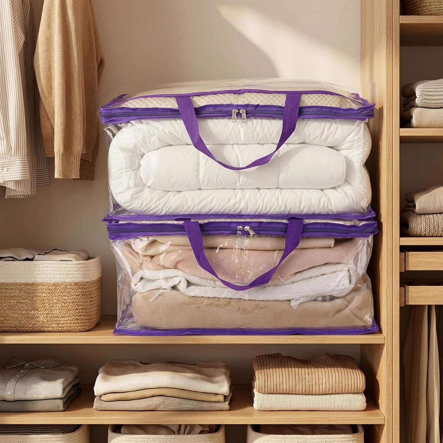 SGHUO Blanket Storage Bags 60L Extra Large Plastic Vinyl Clear Storage Bag for Clothes, Comforter, Bedding, Moving Bags with Zipper and Reinforced Handle (4pcs)