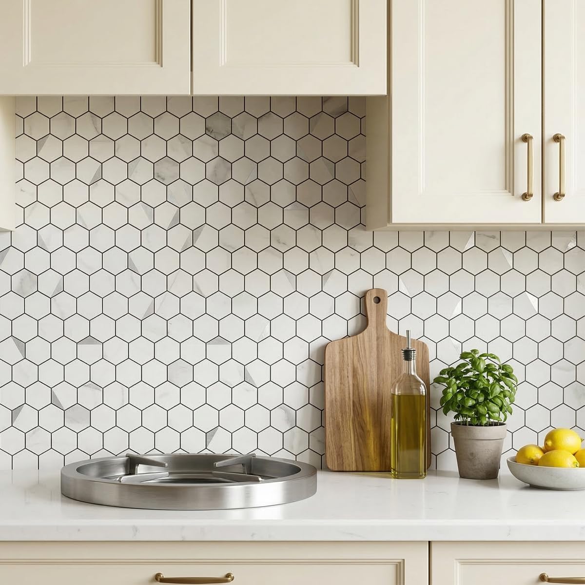 10-Sheet Heavy-Duty Hexagon Peel and Stick Backsplash, Thick Waterproof &Heat Resistant Stick on Wall Tiles, Slate Beige Mosaic for Kitchen & Bathroom, Strong Adhesive Permanent PVC Tiles