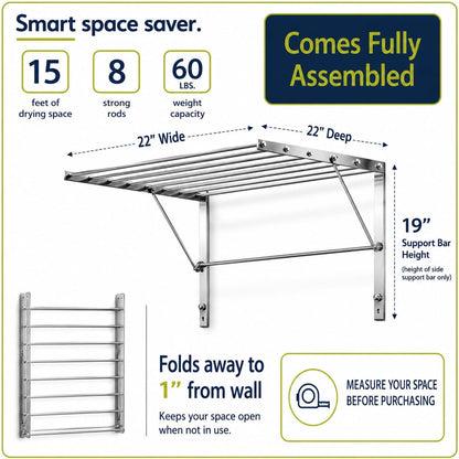 Smartsome | Wall Mounted | Clothes Drying Rack| 22" Wide |15 Linear Feet Capacity | 8 Smooth Round Stainless Steel Rods | 60 lb Capacity | Fully Assembled | Compact Sturdy Space-Saving Design