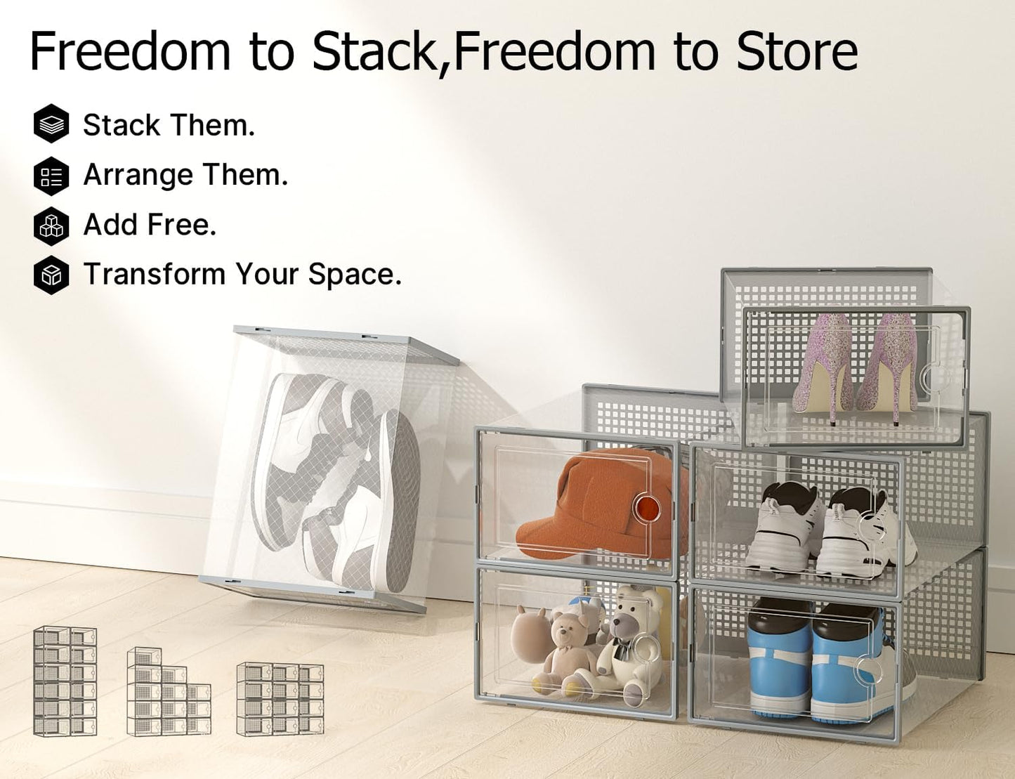 Kuject X-Large Shoe Storage Boxes Organizers for Closet 12 Pack, Fit Size 11,Clear Plastic Stackable Sneaker Containers for Entryway, Space Saving Shoe Rack, Brown