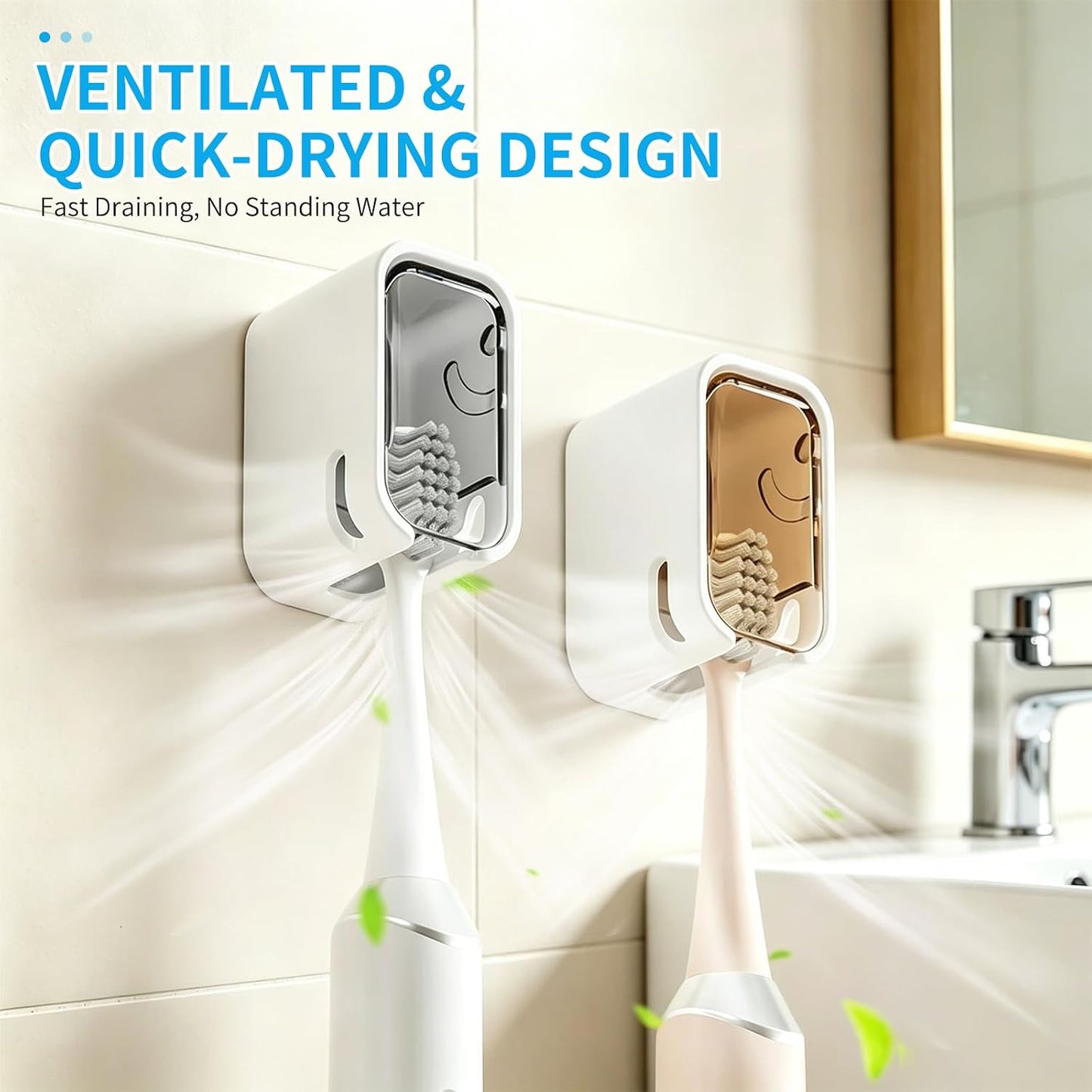 Toothbrush Holders for Bathroom 2 Pack, Drill-Free Wall Mount Single Slot with Dustproof Cover, Easy-Clean Organizer for Shower, Apartment & Travel (Gray & Brown)