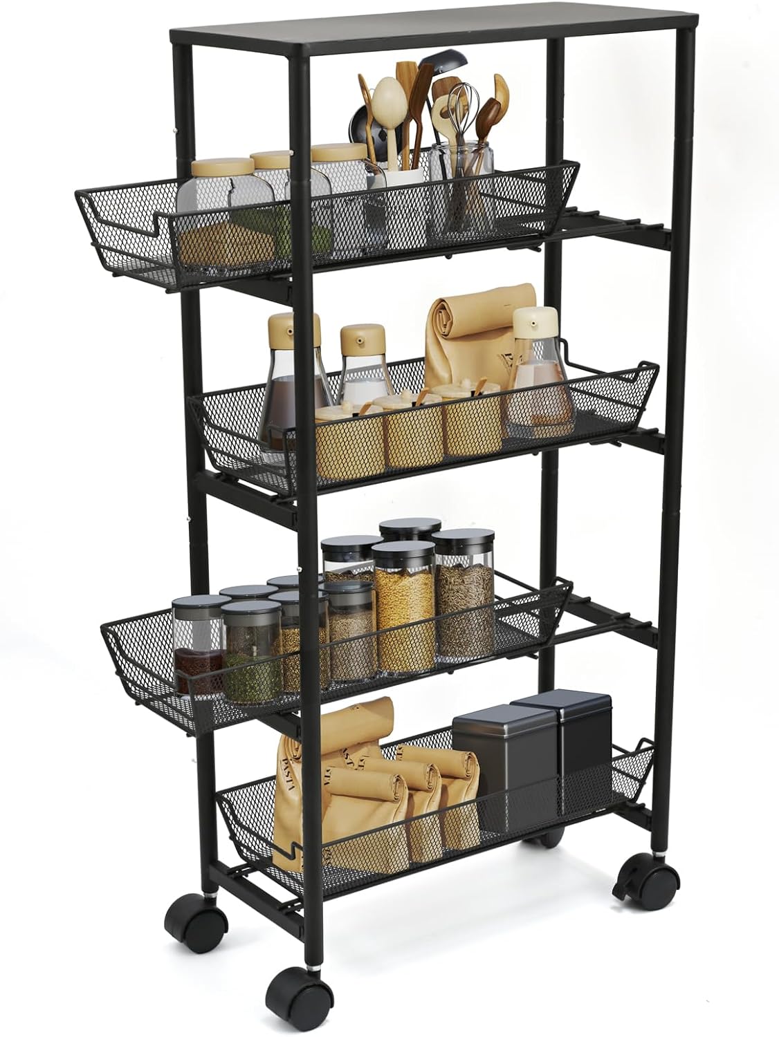 IBERG 5 Tier Slim Storage Cart with Wheels and Pull Out Baskets (Black)