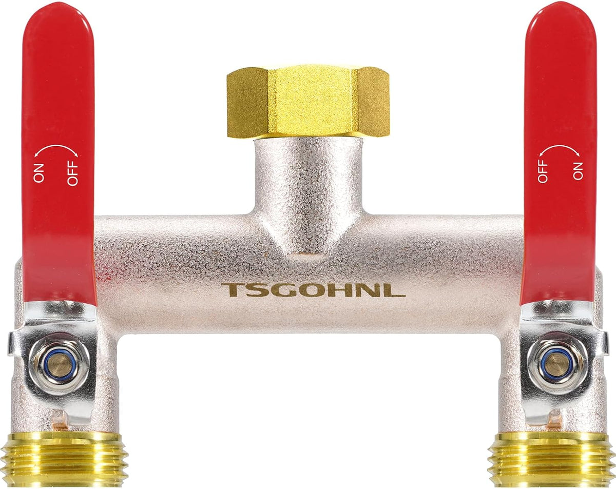 Garden Hose Splitter, 3/4” Rust and Freeze Resistant Outdoor Hose Manifold with 2 green Extra Long Handles Faucet Adapter-Heavy Duty Brass Nickel Plated 2-Way Valve