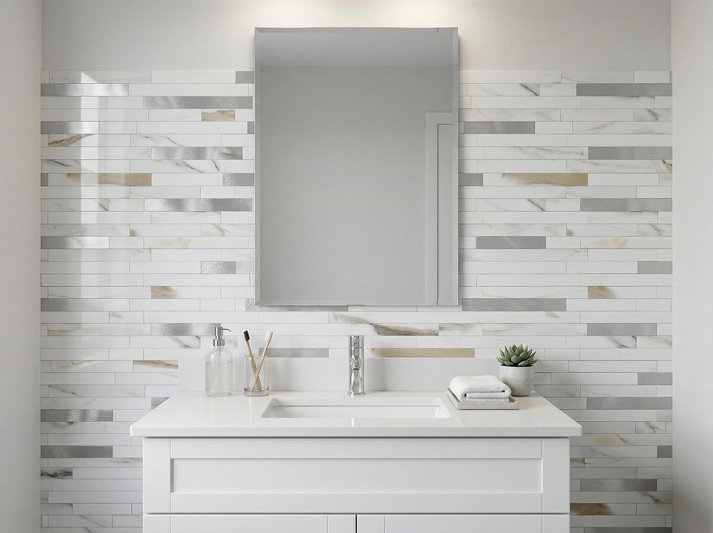 Yipscazo 2026 New Upgrade 11.34" X 11.57" Peel and Stick Backsplash, Stick on Backsplash Tiles for Kitchen, Bathroom, Fireplace (10 Sheets, Beige Rocks + Rose Gold)