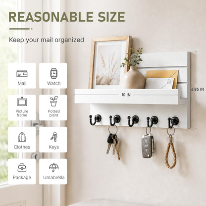 HONJIN Key Holder for Wall: Easy Installation Mail Organizer Wall Mount Hanging Key Rack for Kitchen and Entryway Decor with 5 Sturdy Key Hooks (White)