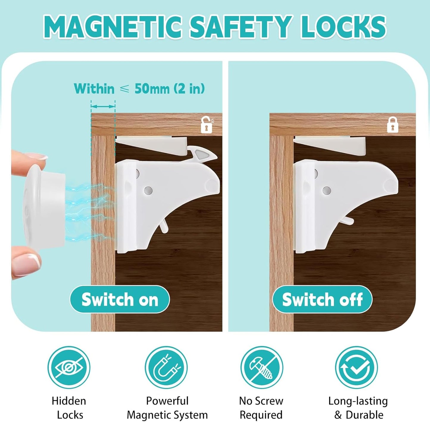 10 Pack Magnetic Cabinet Locks for Baby Proofing - Child Safety Drawer Locks with 2 Keys, No-Drill 3M Adhesive Installation, Fits 2" Thick Cabinets, Kitchen Bathroom Safety Locks