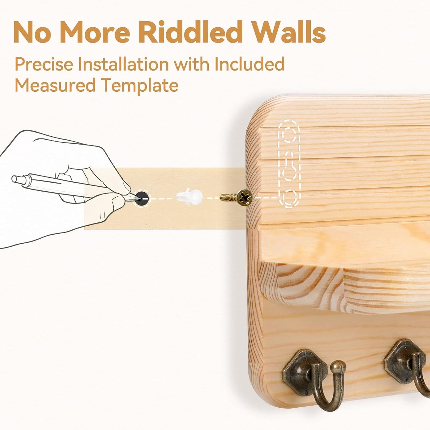 Key Holder for Wall, Mail Organizer Wall Mount with 6 Hooks Wooden Hanging Key Rack for Home Decor, Hallway, Entryway (Brown)