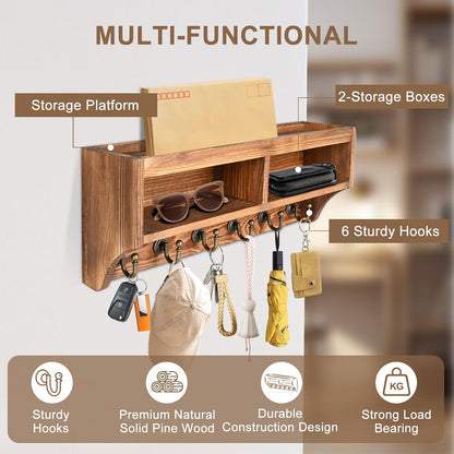 Key Holder Wall Mount - Mail Organizer Wall Mount with 6 Key Hooks and Storage Box for Sunglasses Storage and Dog Leash Holder Home Decor Rack Apartment Farmhouse Shelf Entryway Organizer (Black)