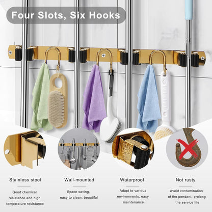 Broom Holder Wall Mount, Stainless Steel Mop Hanger with 4 Slots 6 Hooks, Tool Storage Wall Organizer for Kitchen Garden Garage Laundry Room Bathroom and RV, Black 1-Pack