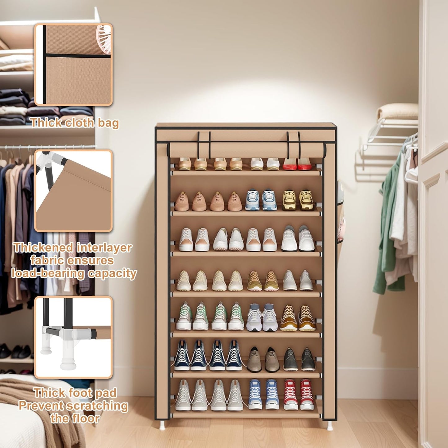 Laiensia 9-Tier Vertical Shoe Rack Organizer, Space Saving Shoe Storage Organizer, Non-Woven Cover Shoe Shelf Holds 36-45 Pairs for Bedroom, Hallway, Closet Entryway, Black