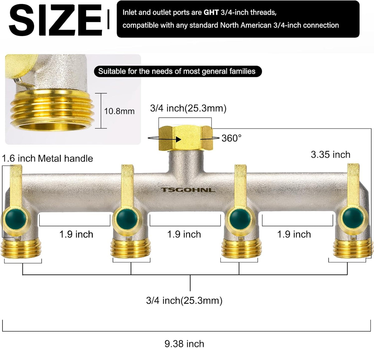 Heavy Duty Brass Garden Hose Splitter, 2-Way Faucet Splitter with 2 Extended Metal Handles, Outdoor Hose Splitter, GHT 3/4-Inch Heavy Duty Hex Female Inlet and 3/4-Inch Male Outlet, Nickel Plated