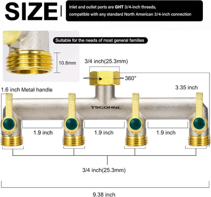 Heavy Duty Brass Garden Hose Splitter, 2-Way Faucet Splitter with 2 Extended Metal Handles, Outdoor Hose Splitter, GHT 3/4-Inch Heavy Duty Hex Female Inlet and 3/4-Inch Male Outlet, Nickel Plated