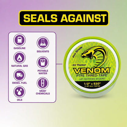 Venom Pro-Grade PTFE Thread Tape, 1/2" x 520" Roll – Professional-Grade, 99.9% Pure, 2X Thicker, No Dyes, UL-Approved for Plumbing, Potable Water, Food Grade, and Oxygen Systems