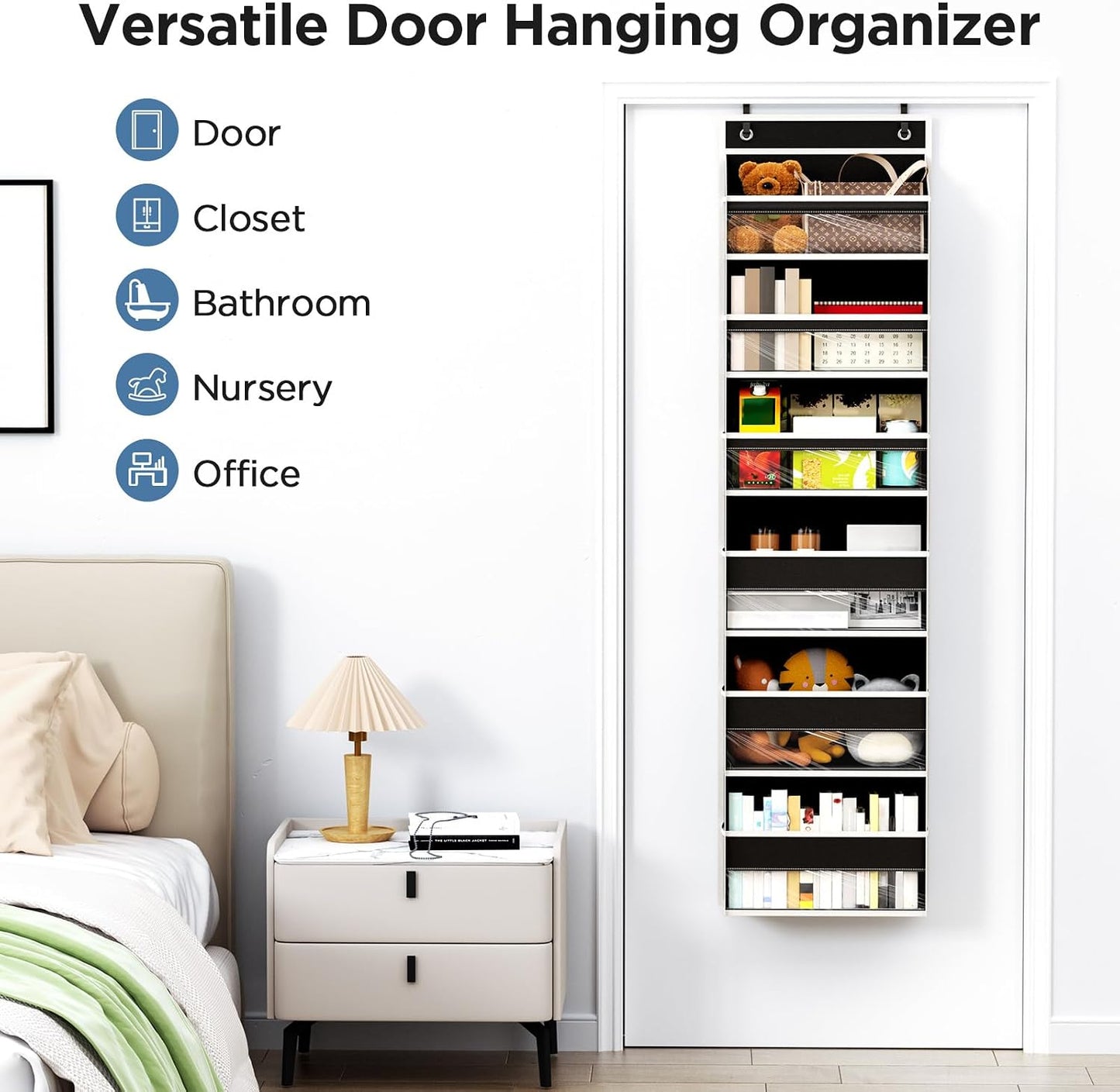 6 Tiers Over The Door Organizer, Heavy Duty Hanging Organizer Storage with Large Capacity Pockets, Behind Door Storage Hanging Shelves for Closet Wall Bathroom Bedroom Nursery Pantry, 1 Pack Grey