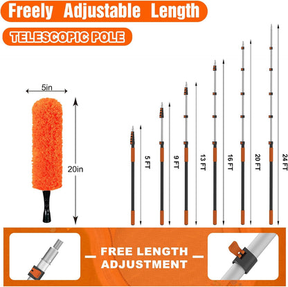 SISUPASSIE 30FT Reach High Ceiling Duster Kit, Window Cleaning kit with 5-24FT Extension Pole, Fan Duster for Ceiling Fan Blades, Microfiber Feather Duster, Rotatable Window Squeegee and Cobweb Duster