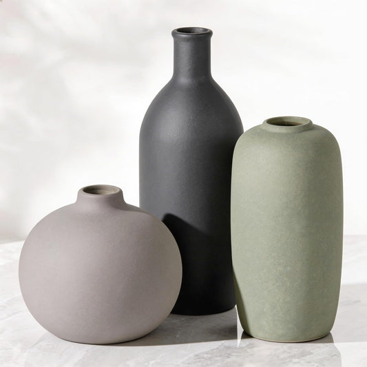 Ceramic Modern Vase Set of 3, Neutral Small Decorative Pottery Vases | Rustic Farmhouse Decor for Pampas Grass, Dried or Fresh Flowers, Perfect Vase Decor for Shelves&Small Spaces, Morandi Color