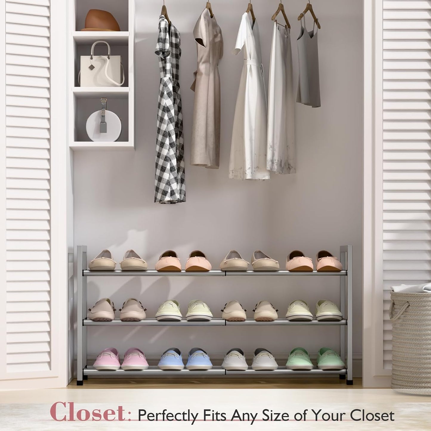 Bumusty 3-Tier Expandable Shoe Rack for Closet, 18“-33” Adjustable Shoe Rack for Small Space, Small Shoe Organizer for Front Door, Sturdy Metal, Black