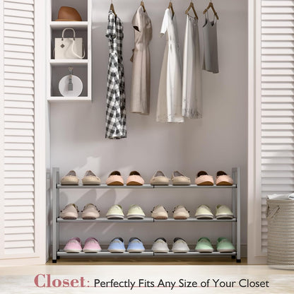 Bumusty 3-Tier Expandable Shoe Rack for Closet, 18“-33” Adjustable Shoe Rack for Small Space, Small Shoe Organizer for Front Door, Sturdy Metal, Black