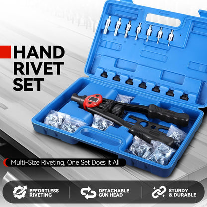 Auto Dynasty 21" Hand Riveter Rivet Nut Tool Set with 5 Guide Nozzle Silver Repair Hand Tool Kit Set for Home Household Office Warehouse