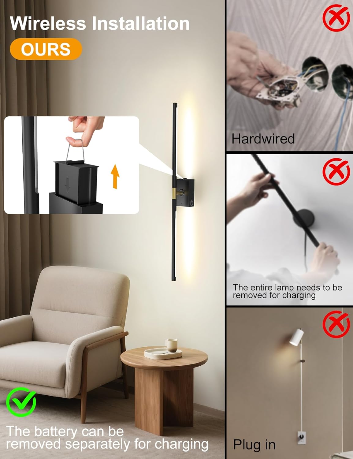 Battery Operated Wall Sconces Set of 2: 10000mAh Rechargeable Wall Lights with Remote, 360° Rotate 3000K-6000K LED Wireless Wall Light Fixtures Decor for Bedroom Living Room Hallway Picture Lighting