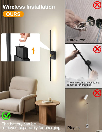 Battery Operated Wall Sconces Set of 2: 10000mAh Rechargeable Wall Lights with Remote, 360° Rotate 3000K-6000K LED Wireless Wall Light Fixtures Decor for Bedroom Living Room Hallway Picture Lighting