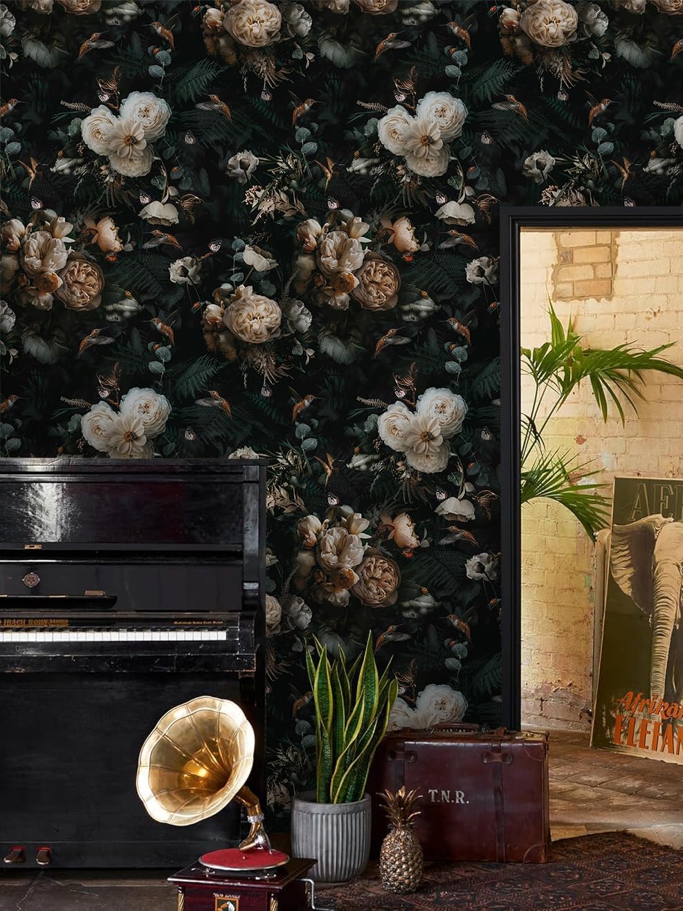 Floralplus Peel and Stick Wallpaper Removable Dark Floral Wallpaper 17.5 x 393 in Renter Friendly Wallpapers for Bedroom Accent Wall Black Floral Contact Paper Flower Wall Mural