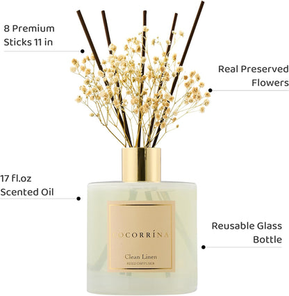 Cocorrína Reed Diffuser Set, Clean Linen 6.7 fl oz Scented Diffuser with Sticks Home Fragrance Reed Diffuser for Bathroom Shelf Decor