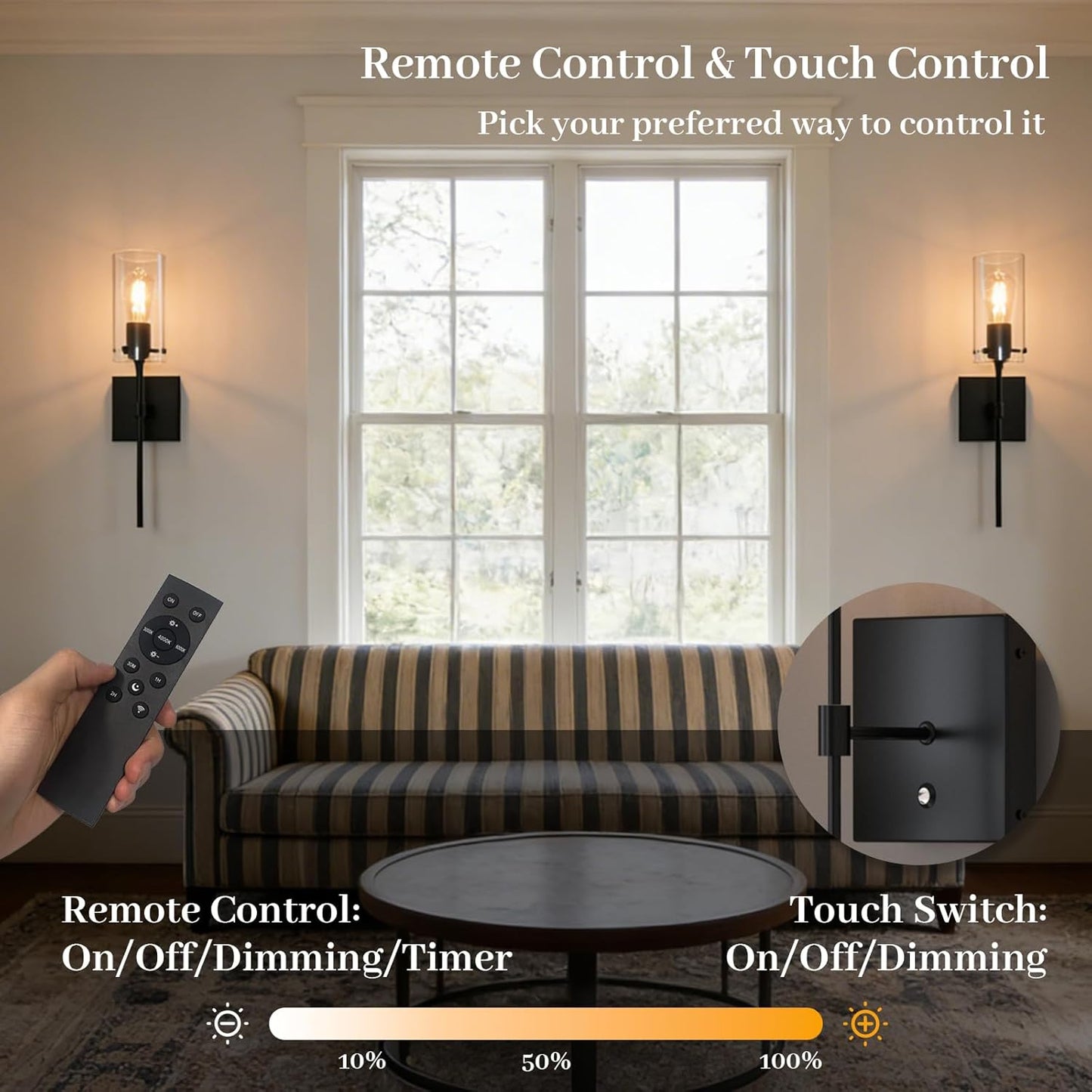 Wireless Wall Sconces with Remote Control, Black Battery Operated Wall Sconces Set of 2, Rechargeable Dimmable Wall Light for Bedroom Living Room Bathroom Hallway Entryway Stairwell,3 Colors
