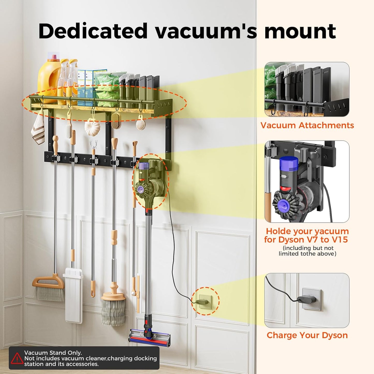 Broom Holder Wall Mount with Shelf,Broom Hanger,3 in 1 Broom and Mop Organizer Wall Hanging for Laundry,Garage,Utility,Broom Rack,Vacuum Stand Alternative,Cleaning Supplies Organizer Storage,White,L