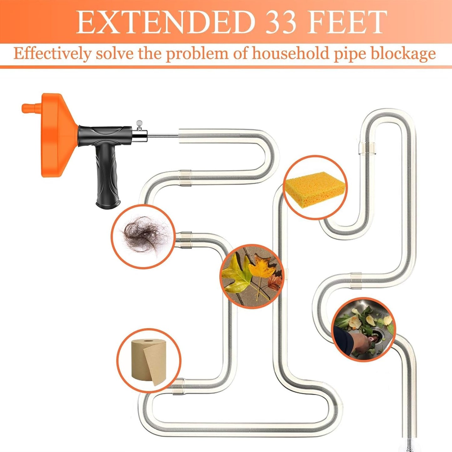 33 FT Drain Snake Auger, Plumbing Snake Drain Hair Clog Removal Tool, Sink Unclogger Drain, Heavy Duty Drum Auger, Cleaner Tool for Bathroom Kitchen Tub Shower Drain Clog Remover with Gloves