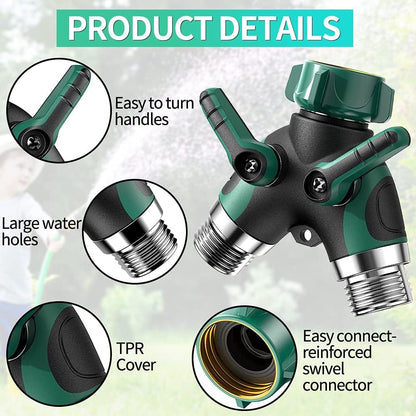 2 Way Garden Hose Y Splitter, 3/4 Inch Heavy Duty Metal Faucet Splitter | 2 Pack 3/4" Garden Hose Splitter Heavy Duty Water Faucet Splitter with Comfortable Rubberized Grip + 6 Extra Rubber Washers
