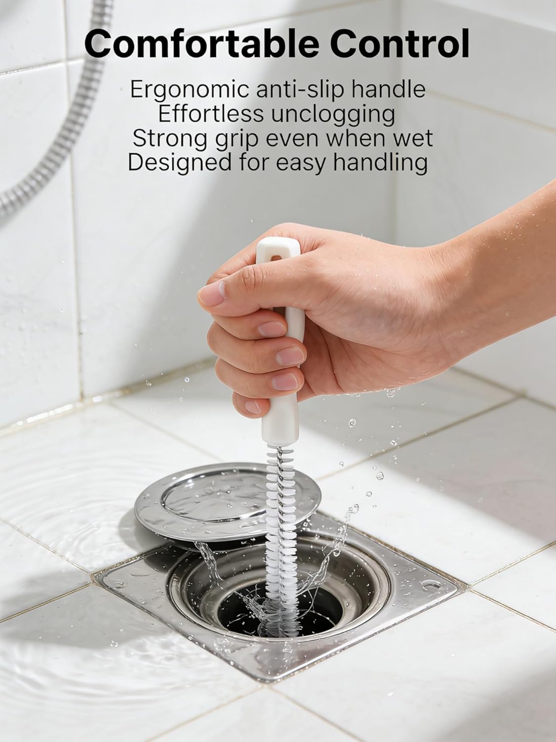Drain Cleaning Brush, 2-Pack Flexible Pipe Cleaner Tool for Sink Shower and Bathtub Drain, Long Hair and Debris Remover Snake with Handle and Hook, Reusable Clog Removal Accessory