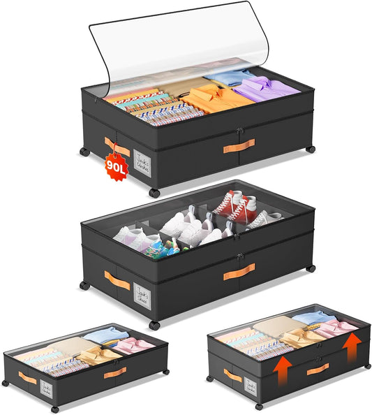 Under Bed Storage with Wheels, Large Capacity UnderBed Containers with Clear Lids, Shoe Organizer Under Bed Drawers, Rolling Under the Bed Storage for Clothes, Shoes, Blankets