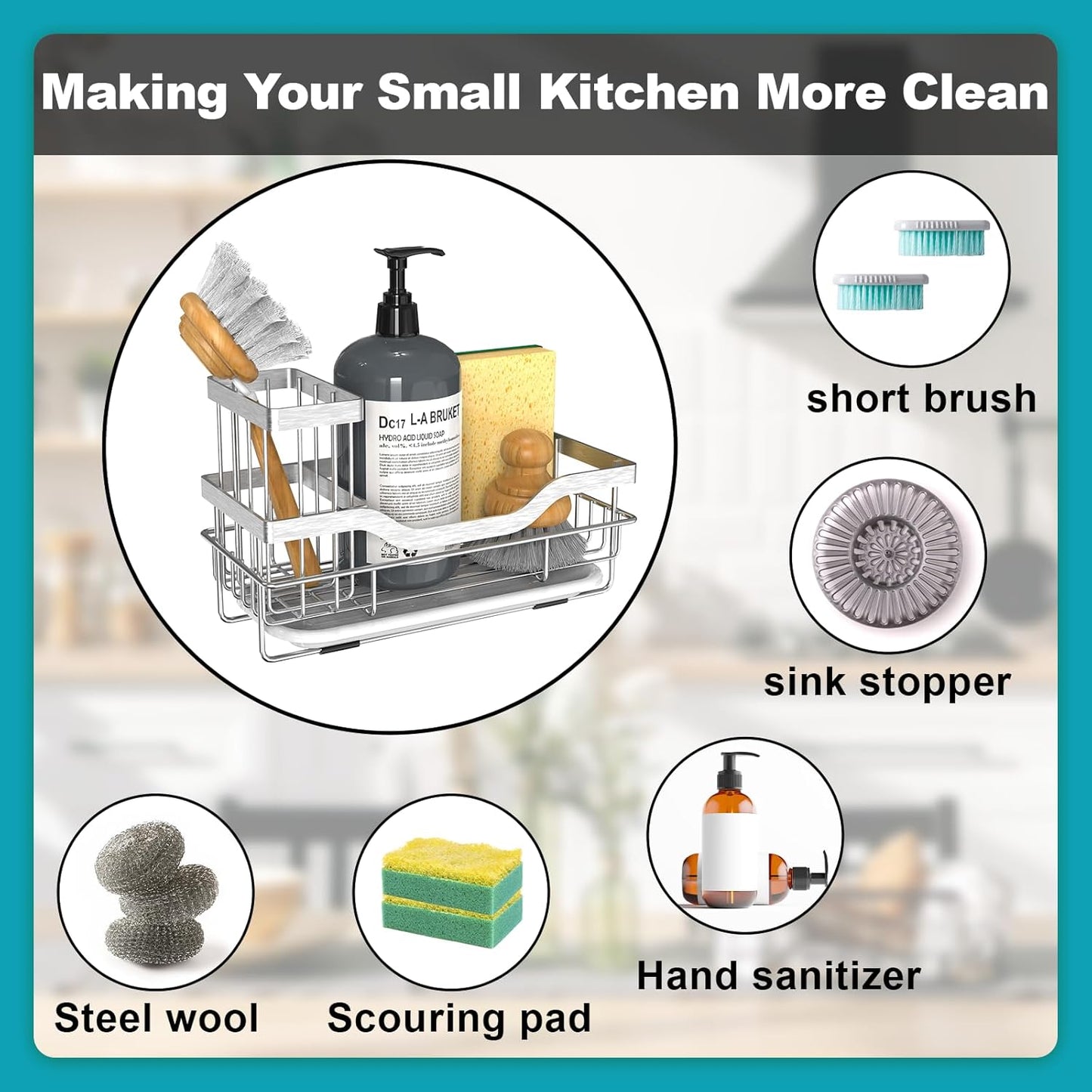 Sponge Holder for Kitchen Caddy Sink Organizer, Multifunctional Rustproof Dish Soap Sponge Caddy for Sink Counter with Detachable Brush Holder & Drain Tray - Storage Kitchen & Home Accessories