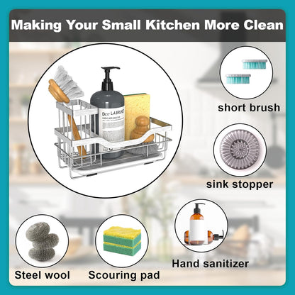 Sponge Holder for Kitchen Caddy Sink Organizer, Multifunctional Rustproof Dish Soap Sponge Caddy for Sink Counter with Detachable Brush Holder & Drain Tray - Storage Kitchen & Home Accessories