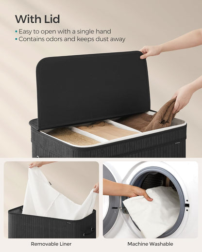 SONGMICS Laundry Hamper with Lid, Bamboo Launry Basket with Handles, Foldable Storage Basket for Laundry Room, Bedroom, 100L, Brown ULCB063K02