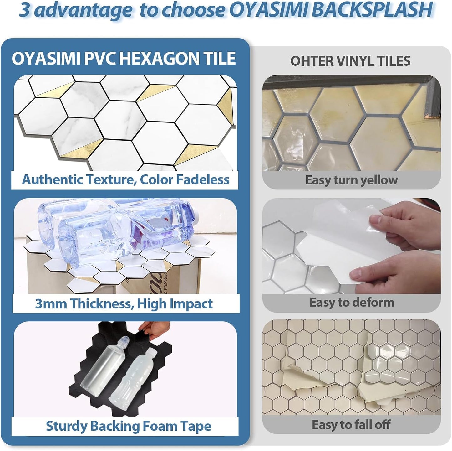 10-Sheet Heavy-Duty Hexagon Peel and Stick Backsplash, Thick Waterproof &Heat Resistant Stick on Wall Tiles, Slate Beige Mosaic for Kitchen & Bathroom, Strong Adhesive Permanent PVC Tiles