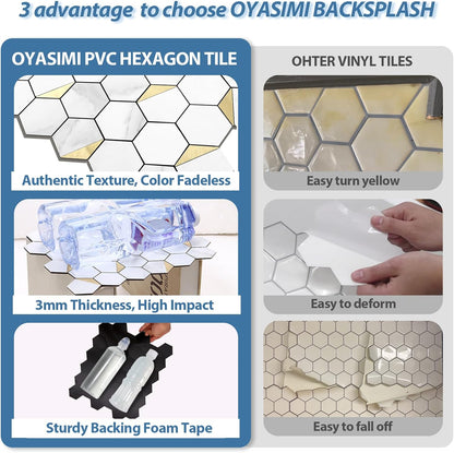 10-Sheet Heavy-Duty Hexagon Peel and Stick Backsplash, Thick Waterproof &Heat Resistant Stick on Wall Tiles, Slate Beige Mosaic for Kitchen & Bathroom, Strong Adhesive Permanent PVC Tiles