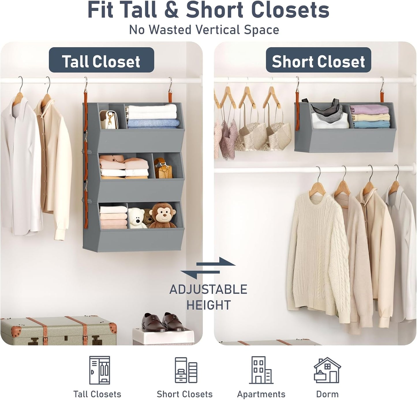 Hanging Closet Organizer Extra Large, Clothes Hanging Shelves for Closet with Divider, Collapsible Closet Storage System, Fabric Closet Hanging Organizer for Home, Dorm, Rv, ,Handbags, Underwear, Sock